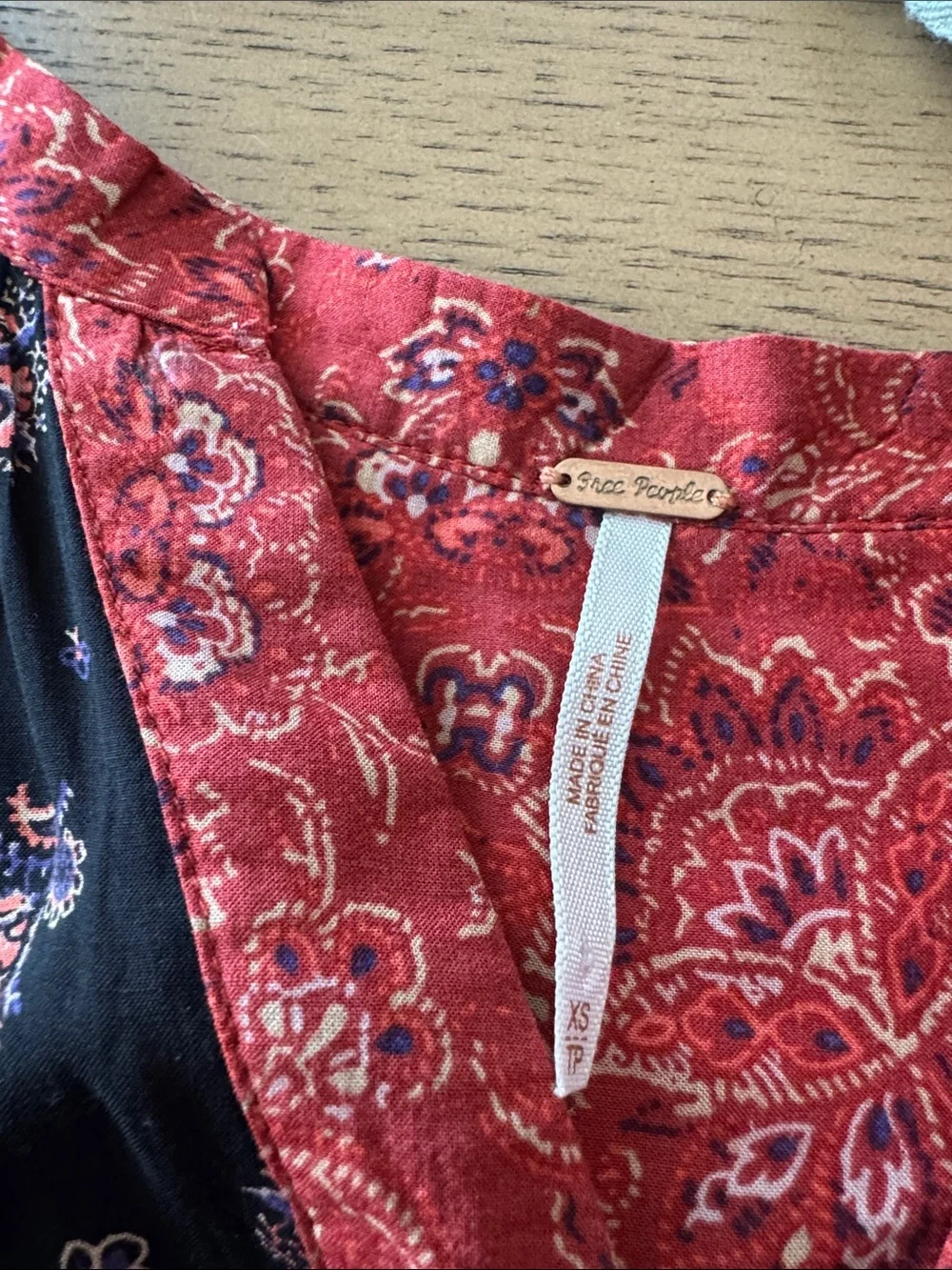 Free People XS Black Red Floral Paisley Tunic Dress Boho Long Sleeve